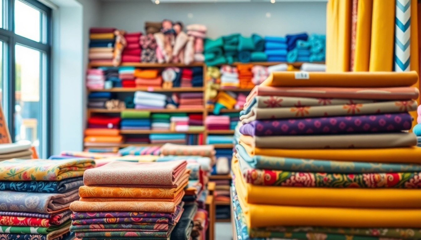 Kopen van stof per meter met een variëteit aan kleurrijke stoffen in een winkel.