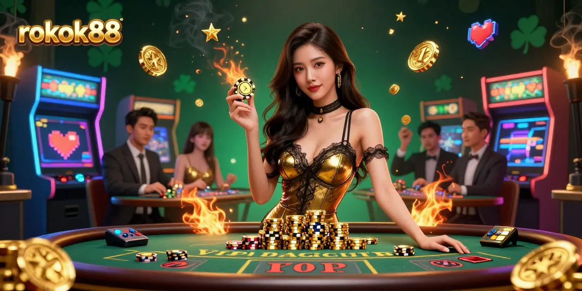 Engage with rokok88 at a VIP baccarat table, featuring golden chips and arcade elements alive.