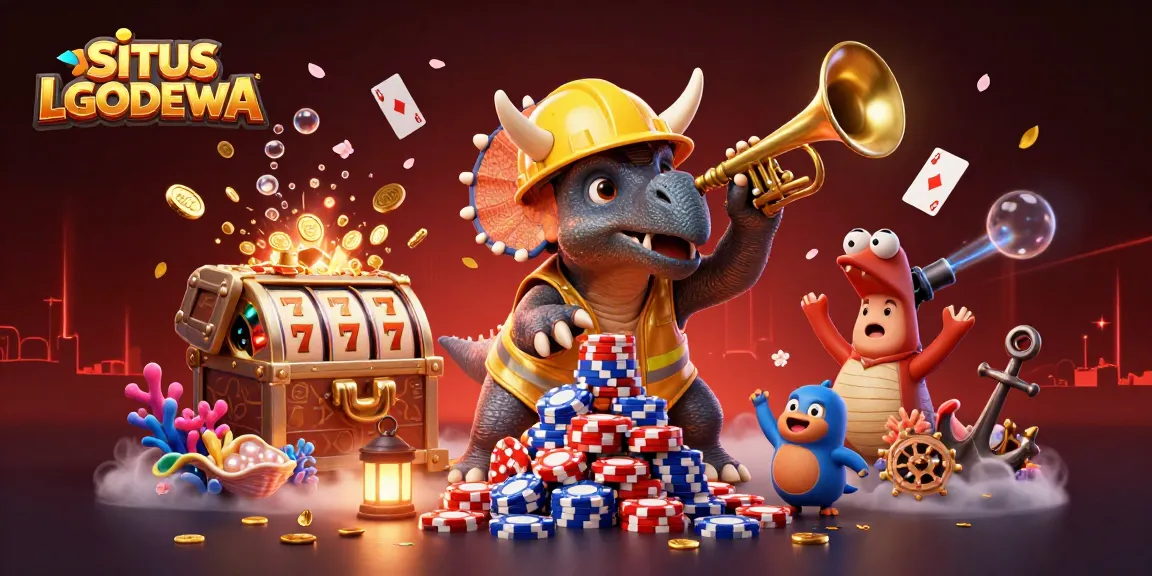 SITUS LGODEWA showcases a vibrant 3D illustration of a triceratops building poker chips while celebrating with casino elements.