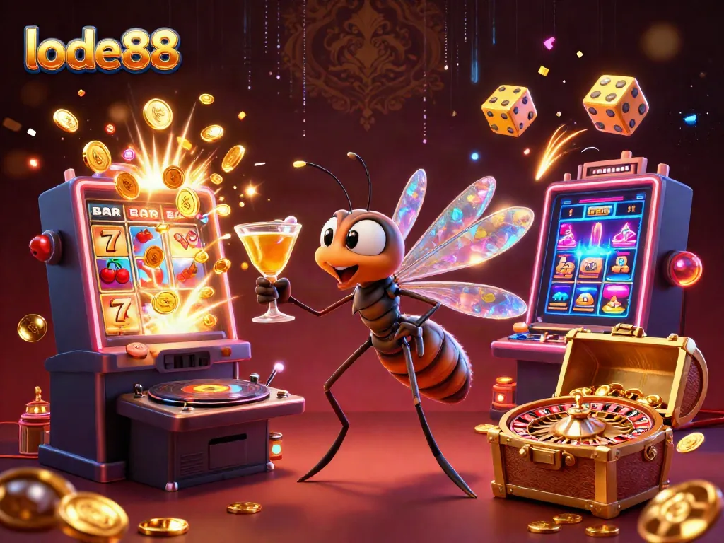 Experience the vibrant world of lode88 with a lively casino mascot, spinning trilobite DJ, and golden roulette wheel.