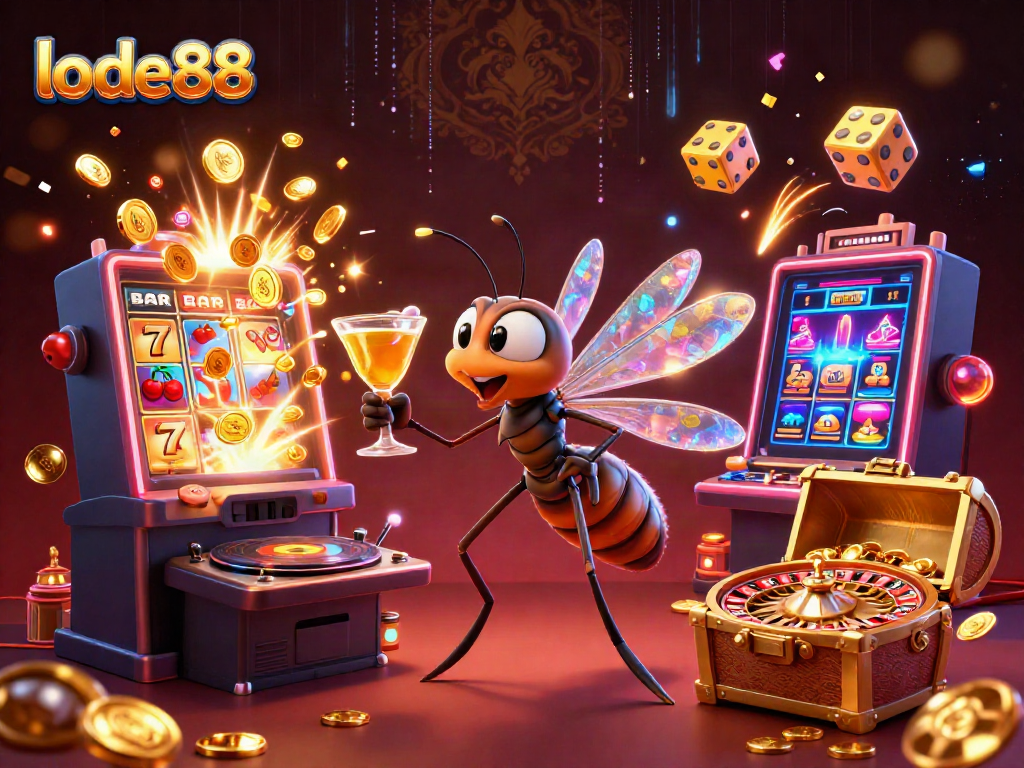 Experience the vibrant world of lode88 with a lively casino mascot, spinning trilobite DJ, and golden roulette wheel.