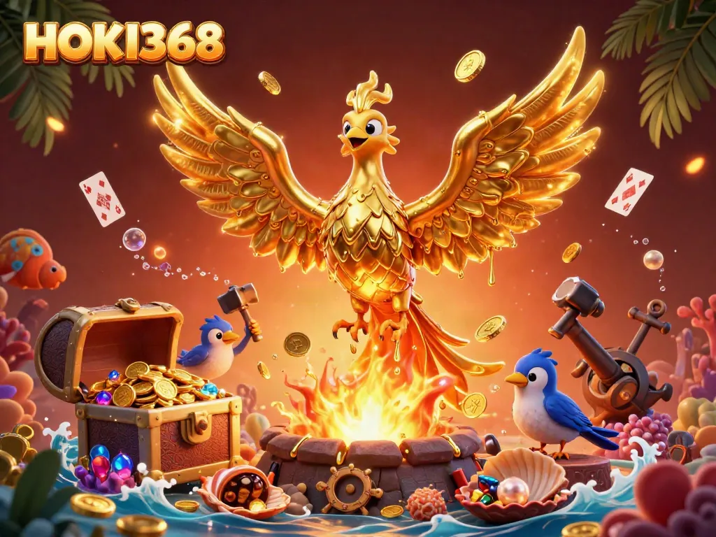 Play slots with HOKI368 to win big jackpots surrounded by coins and treasure.