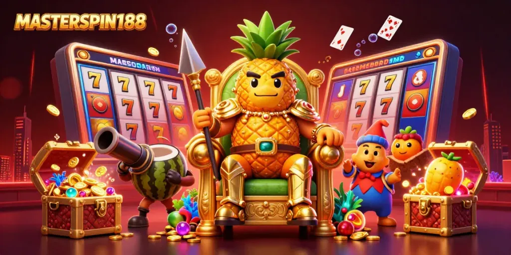 Experience thrilling action at MASTERSPIN188 with a vibrant slot casino featuring the golden pineapple king and dynamic game elements.