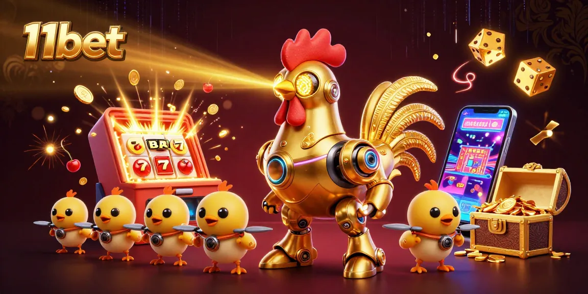 Engage with 11bet's exciting gaming universe featuring a golden robot and dynamic casino elements.
