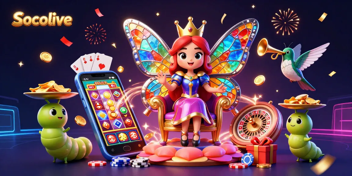 Engage with Socolive, the ultimate sports betting hub featuring a vibrant butterfly queen and dynamic game elements.