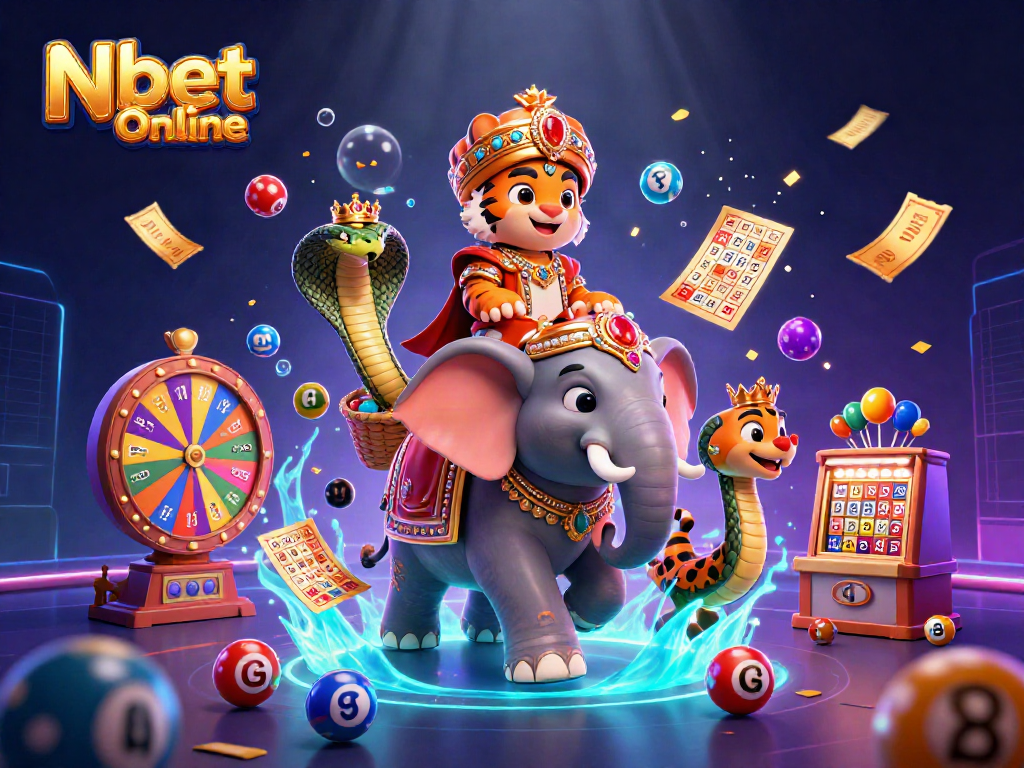 Nbet Online promotion featuring a vibrant 3D cartoon casino scene with a majestic tiger, elephant, and dazzling lottery elements.
