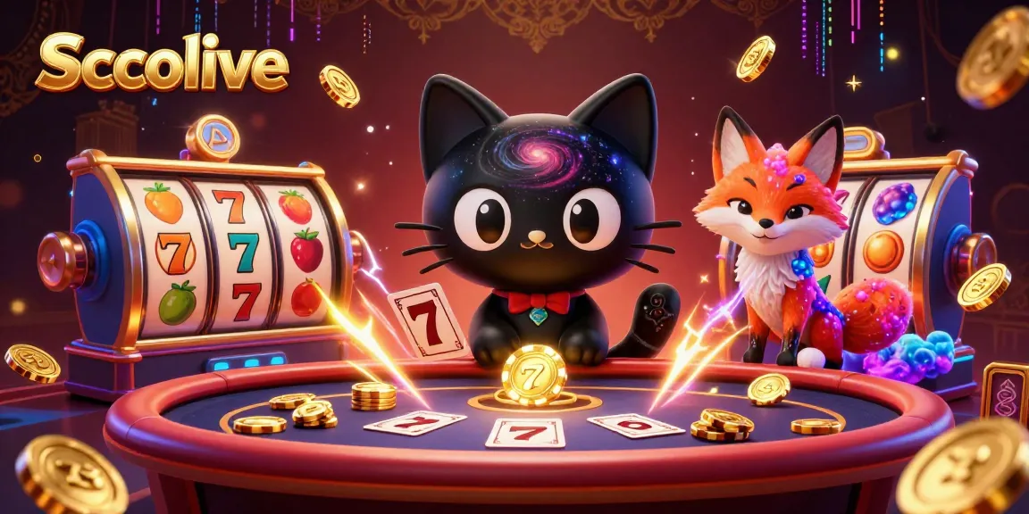 Socolive cat at a cosmic casino table attracting golden chips amid vibrant slot elements.