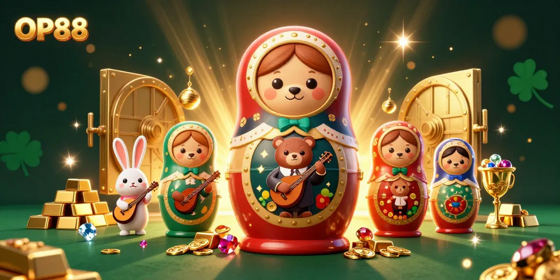 Experience OP88's thrilling online casino with a dazzling scene of 3D cartoon bears and treasure!
