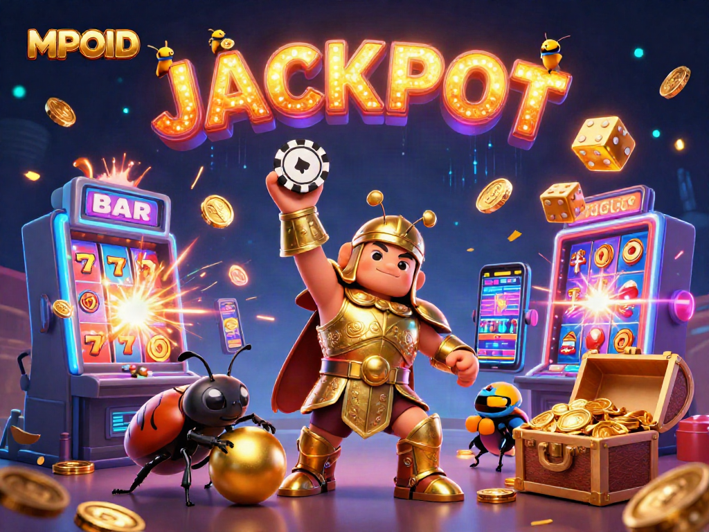MPOID celebration scene with a victorious beetle and dynamic casino elements showcasing excitement.