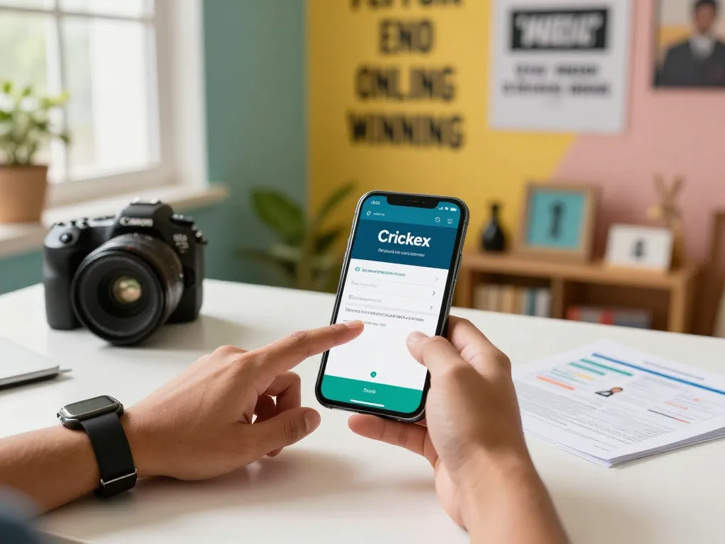 Crickex KYC registration process on smartphone in a vibrant home office setting for online betting.