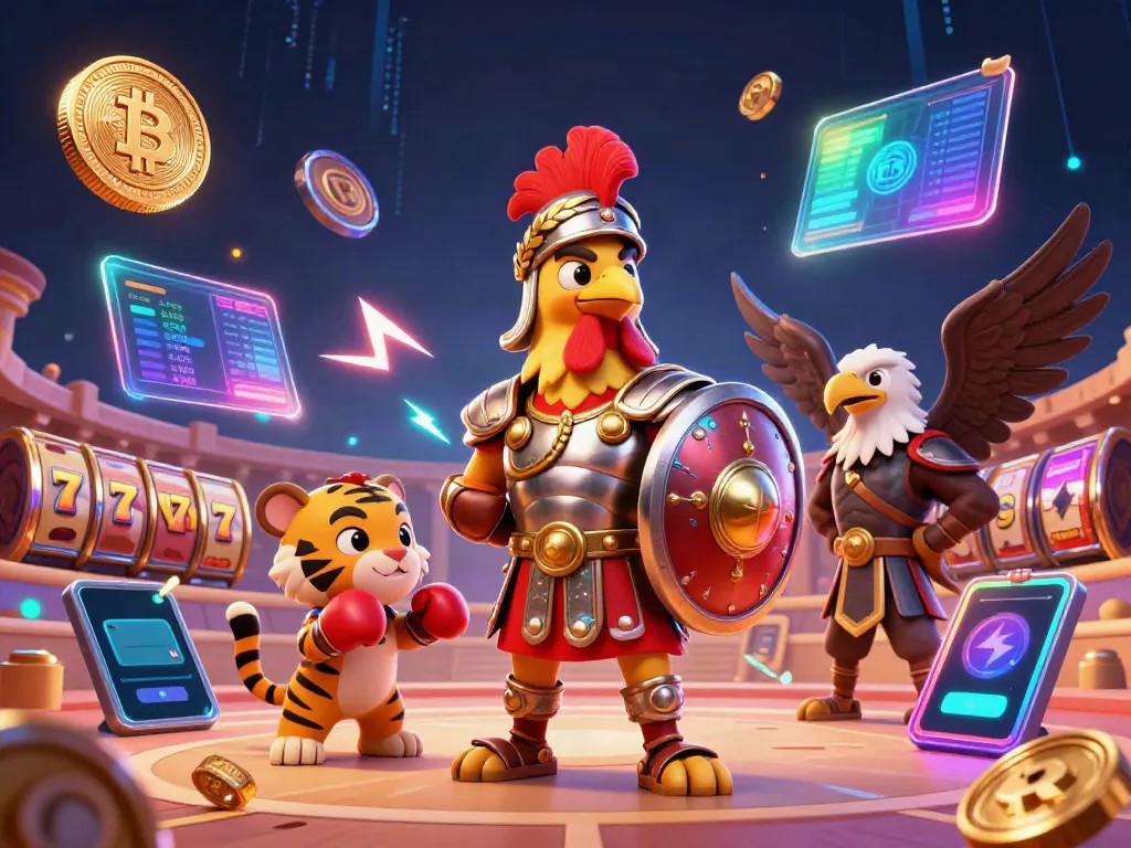 Engaging illustration of a slot-themed arena with vibrant characters and digital elements showcasing exciting casino action.