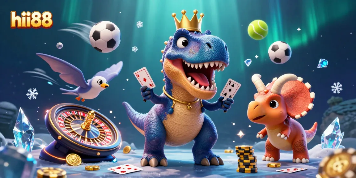 Hii88 showcases a vibrant and dynamic casino scene featuring a friendly dinosaur card game, highlighting unique gaming experiences.