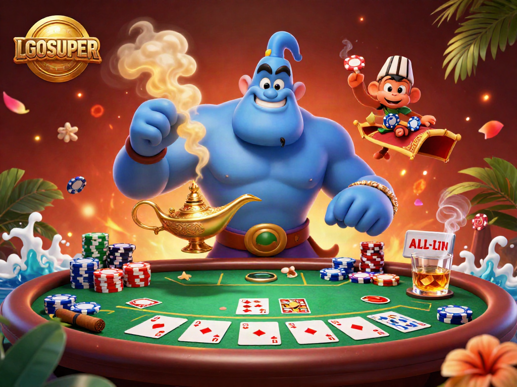 Experience the excitement of LGOSUPER with a vibrant scene featuring a genie, poker chips, and golden smoke, capturing gaming action.