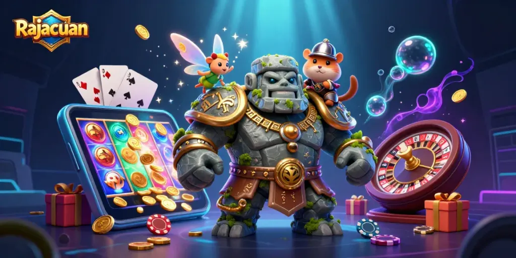 Spin to win with Rajacuan's vibrant 3D casino scene featuring a golem and a hamster knight.
