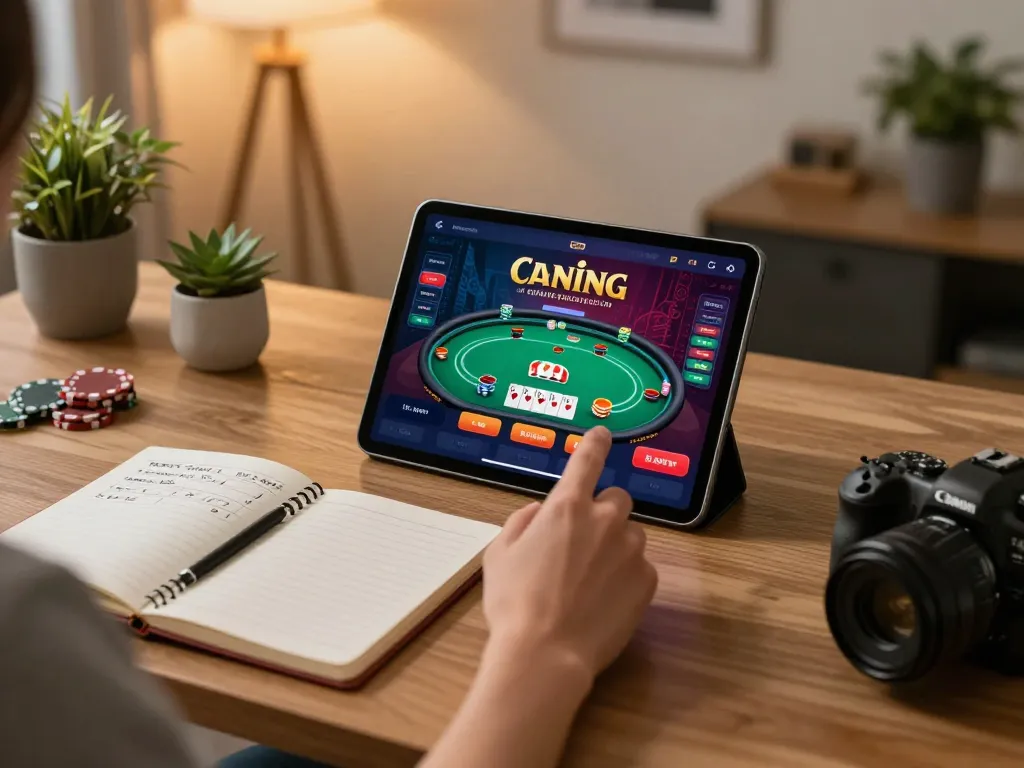 Player engaging in xx88 online casino game using tablet, showcasing gaming strategy.