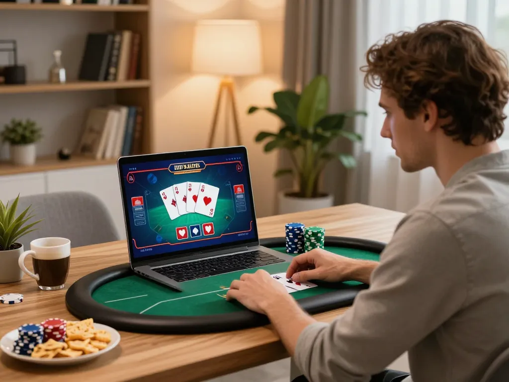 Person plays hbet online poker on laptop in a cozy home setting, highlighting strategic gaming
