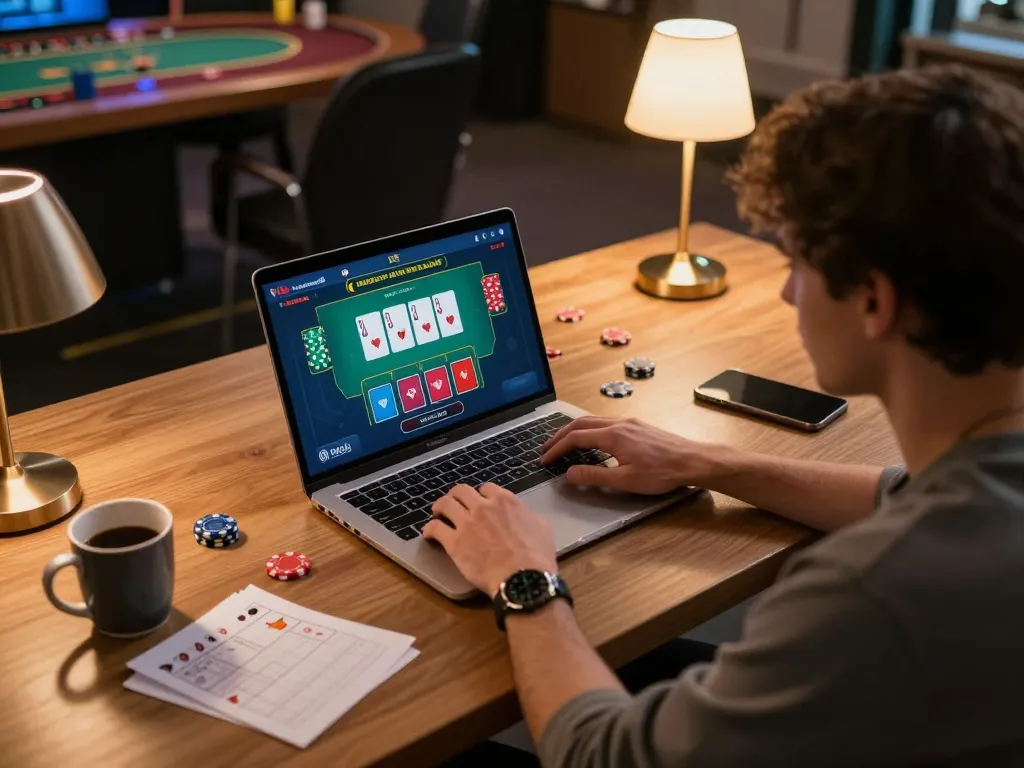 Player engaged in online blackjack betting with VA88 interface visible on stylish laptop