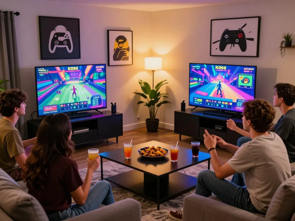 Friends enjoying KO66 online gaming in a cozy living room atmosphere.