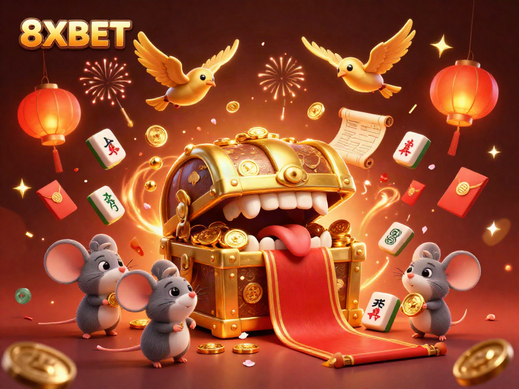 Experience thrilling 8XBET casino adventures with treasure chests and celebration elements.