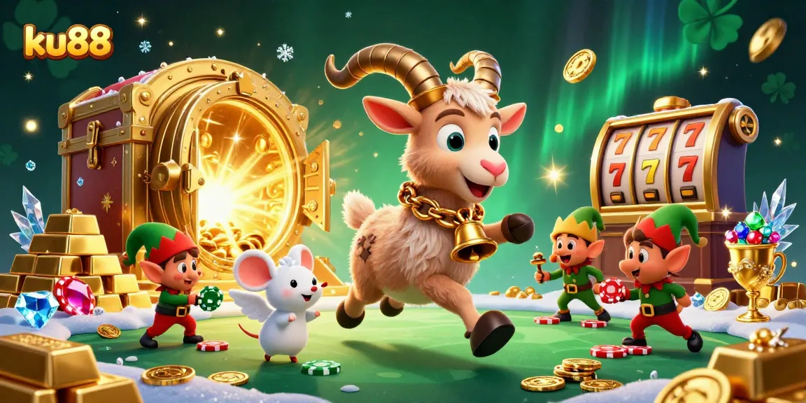 Experience thrilling games at ku88 casino with festive characters playing amidst treasures and excitement.