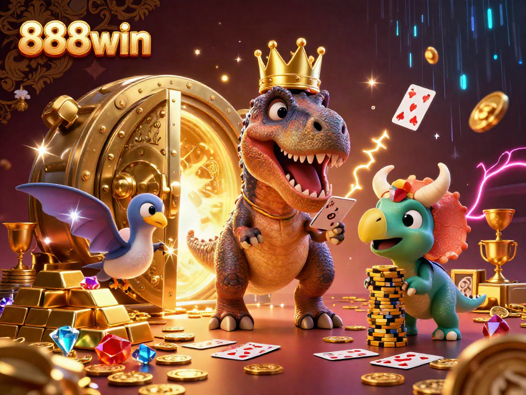 Experience the thrilling world of 888win with a vibrant illustration of a T-Rex shuffling cards among golden treasures.