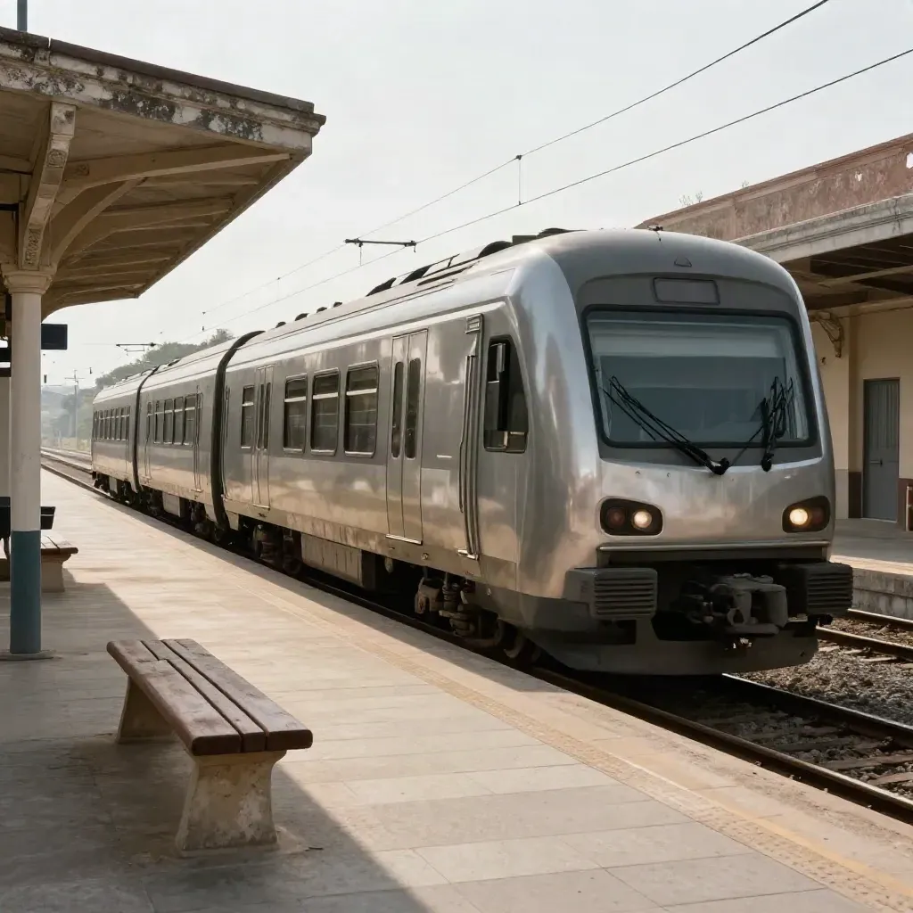 Silver regional train easing into an Italian platform under a stone canopy, with heat haze and benches.