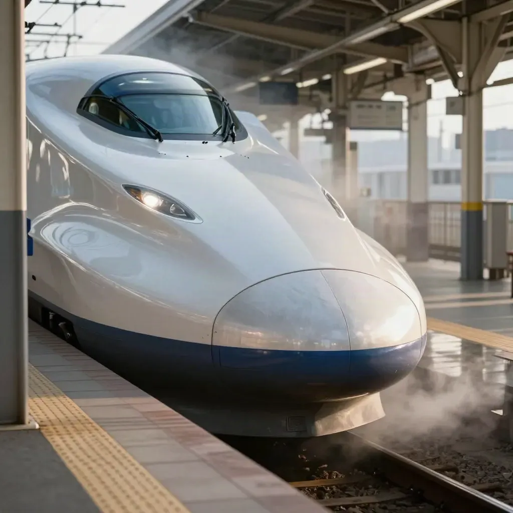 Shinkansen nose gliding into a bright station corridor with steel columns and floor reflections.