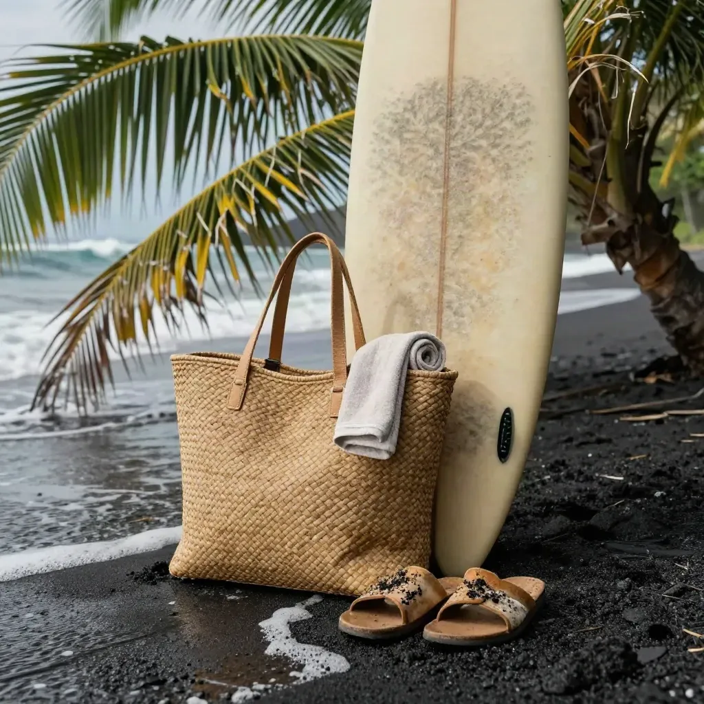 Surfboard, woven beach bag, and sandals on Bali volcanic sand beside a palm-lined shore.