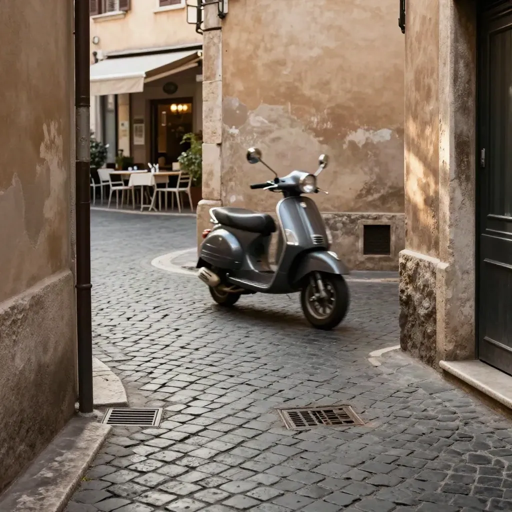 Blurred scooter slices a narrow Rome lane of travertine walls and cobbles at a sunlit junction