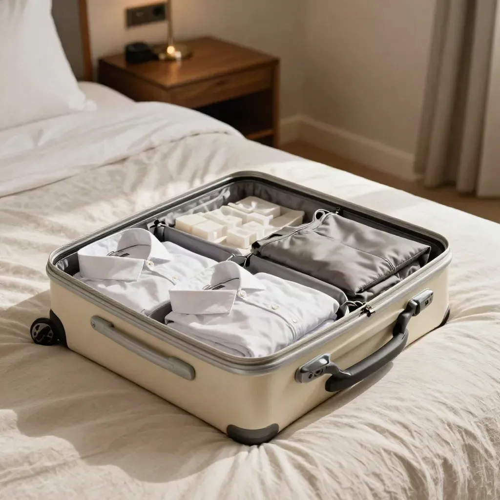 Half-zipped carry-on on a hotel bed with neatly packed travel clothes and cubes.