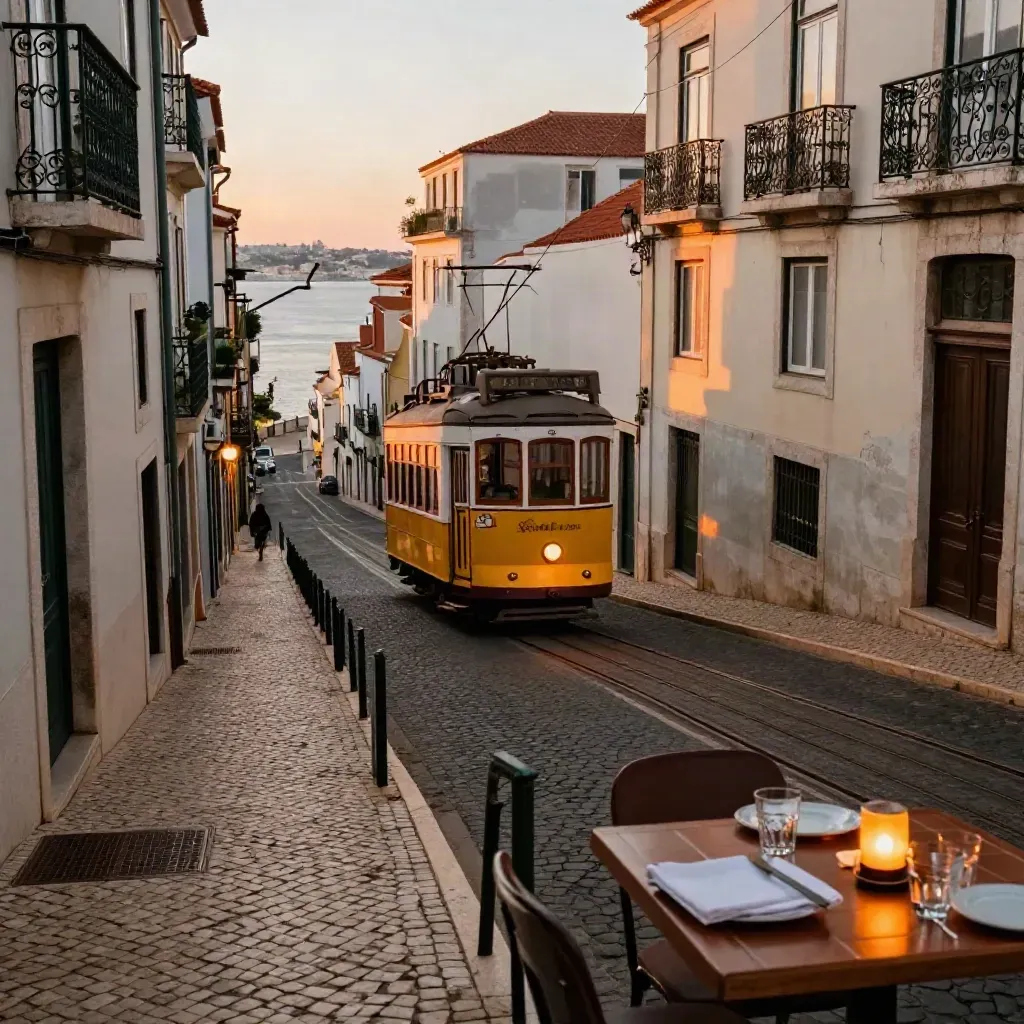 Lisbon hillside street with a tram climbing past tiled façades and café tables in warm evening light.