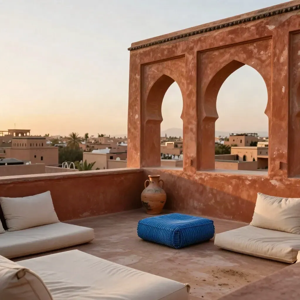 Low-angle Marrakech riad roofline with cushions, clay jug, arches, and dawn over the medina.