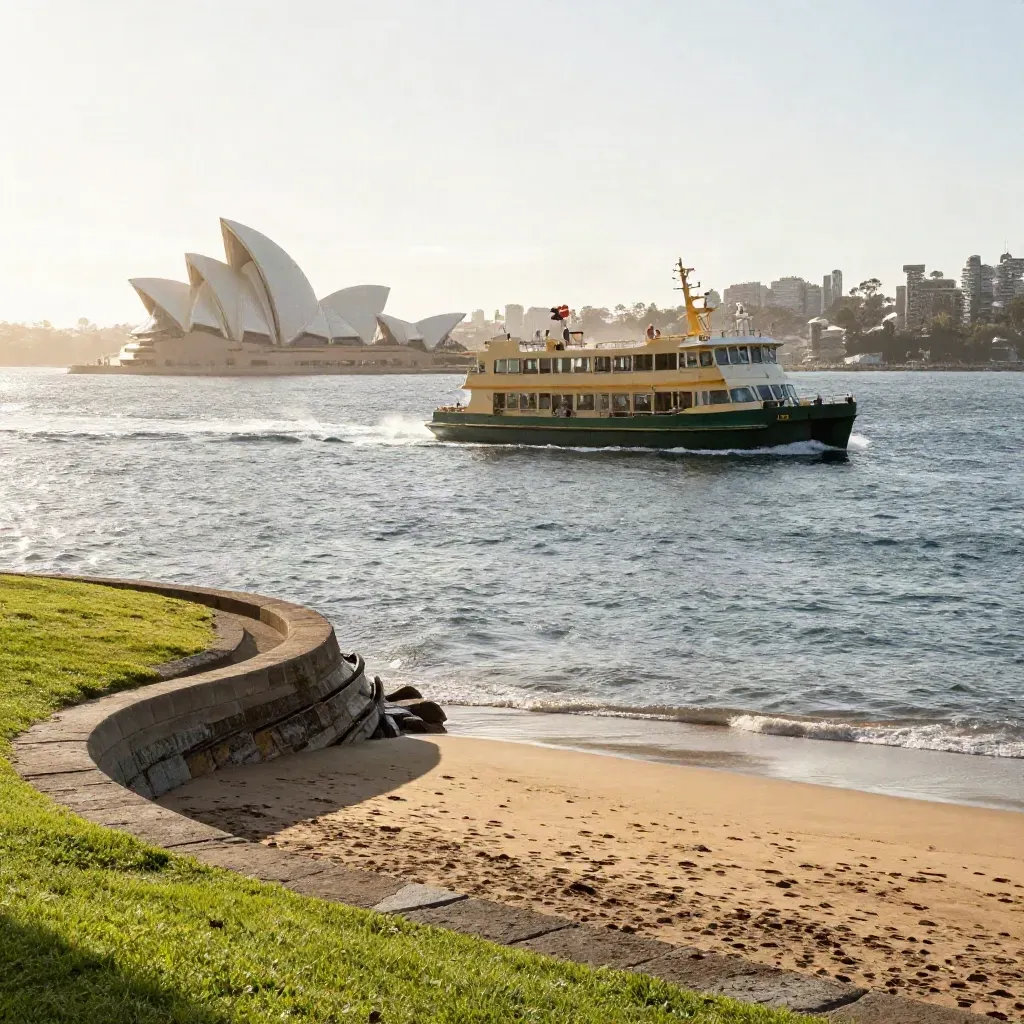Sydney ferry crossing sparkling harbour with the Opera House and park-lined foreshore at sunrise.