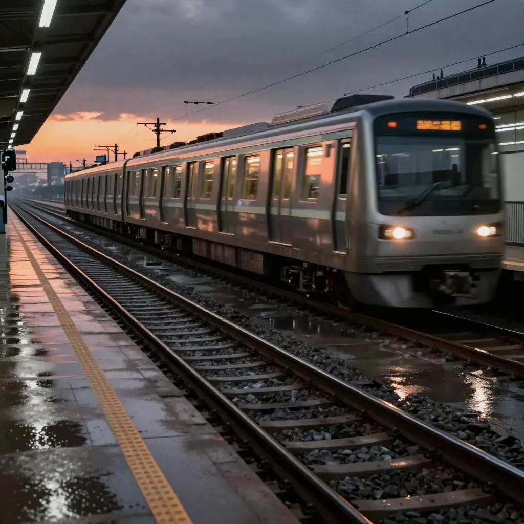 Seoul subway train streaking past a rain-slick platform at night