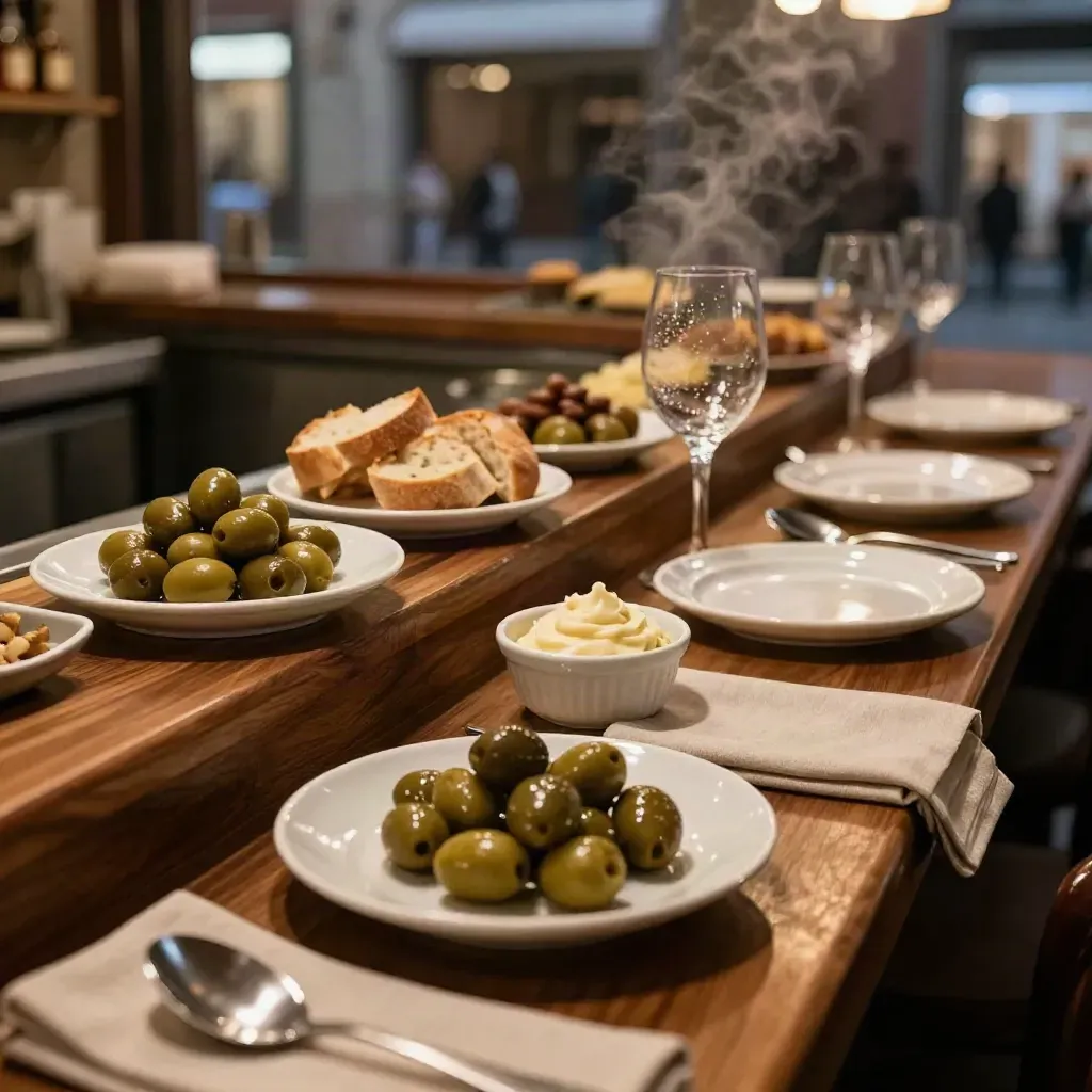 Tapas plates, olives, bread and glasses on a Madrid counter with steam and street reflections
