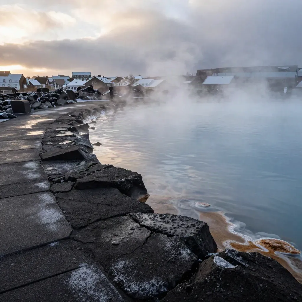 Steam rises from a Reykjavik geothermal pool beside basalt rocks and a path toward town.