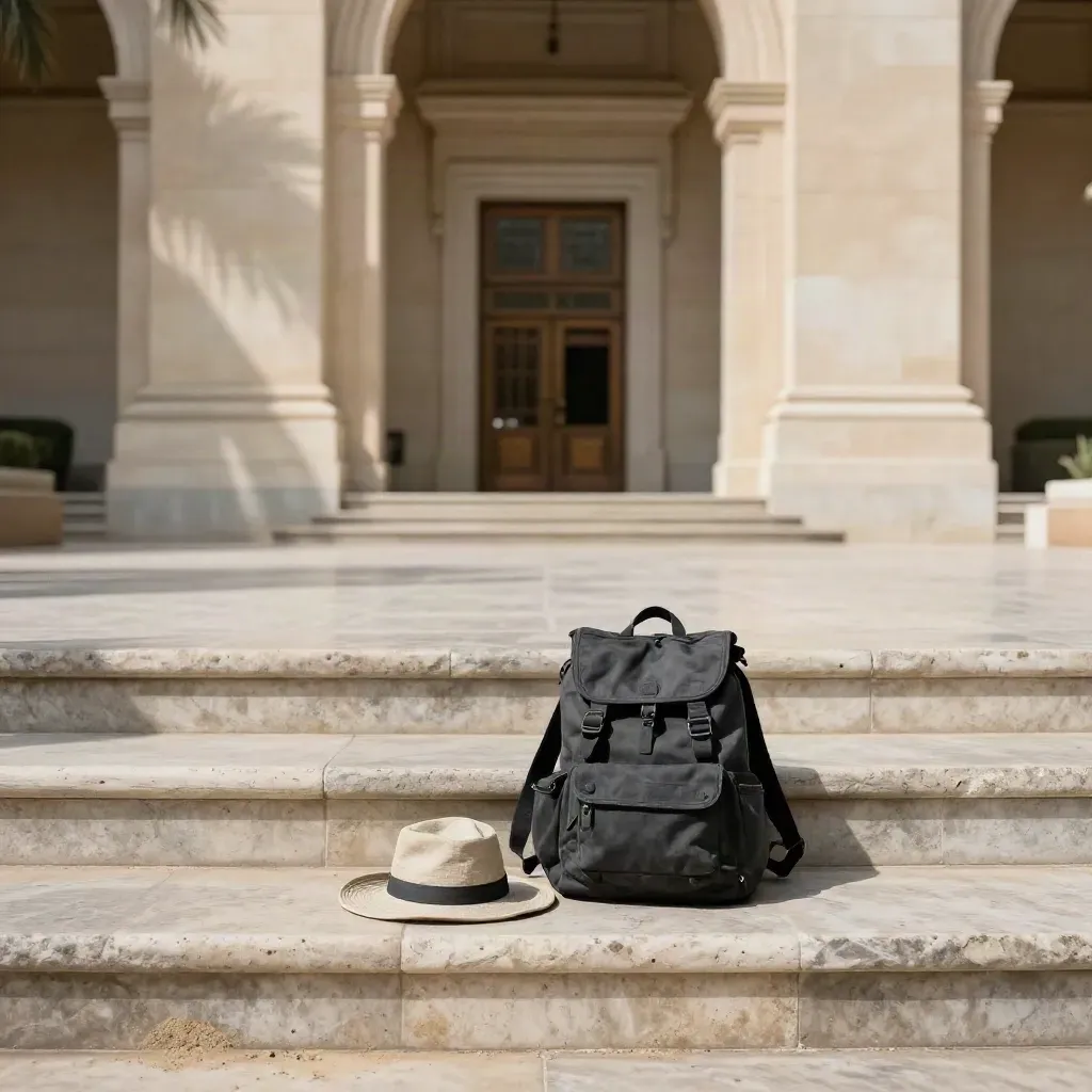 Low-angle view of Cairo Museum steps, palm shadows, and heat shimmer in a sunny forecourt.