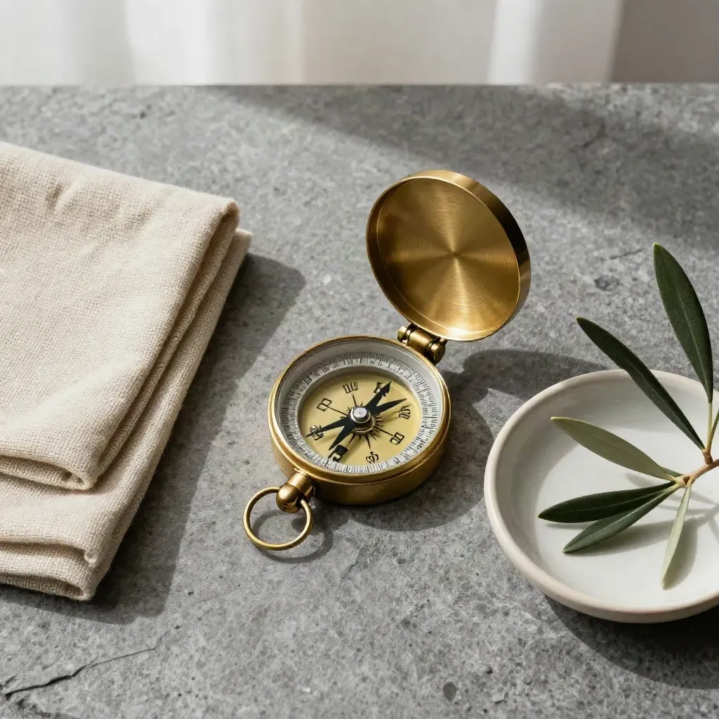 Brass compass with linen, ceramic dish and olive sprig on cool stone, seen from above.