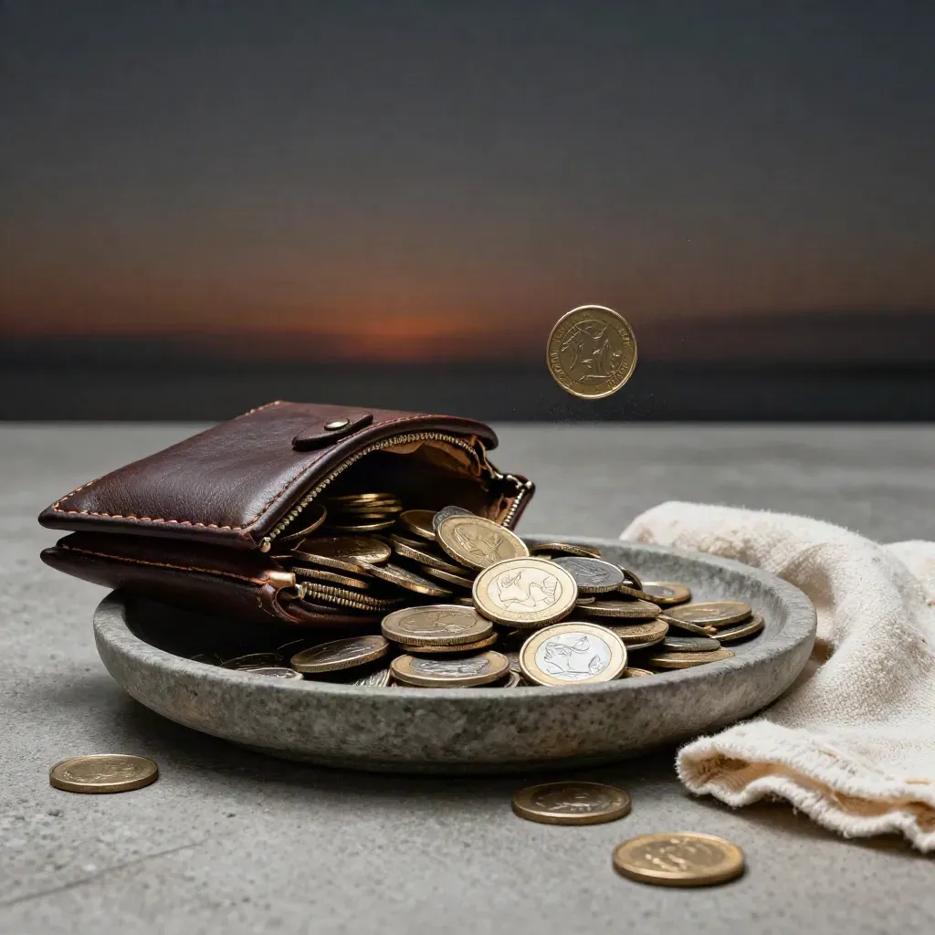 Coin pouch tipped into a stone tray with coins, wallet, and folded cloth in soft light.