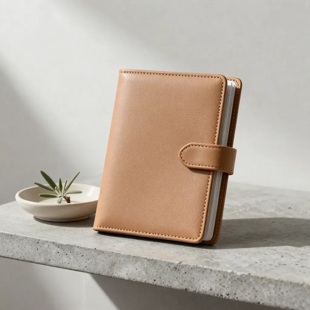 Tan passport cover beside a ceramic dish and tiny plant on a stone shelf.