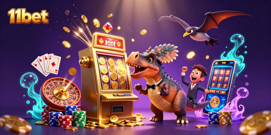 Experience thrilling jackpots with 11bet as playful dinosaurs interact with casino elements.