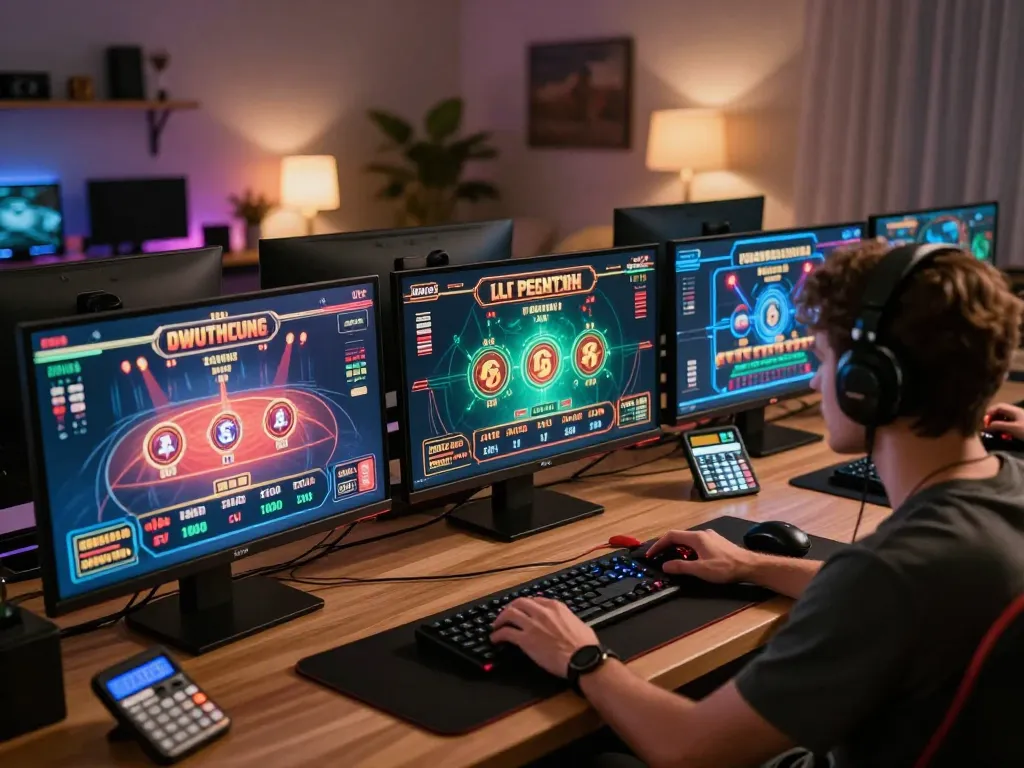 Player engaging with multiple casino games online on a sleek gaming setup at home, showcasing rr99t strategies in action.