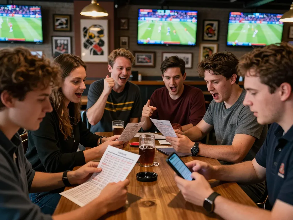 Engaging sports betting experience with patrons analyzing ty le keo nha cai at a lively sports bar.