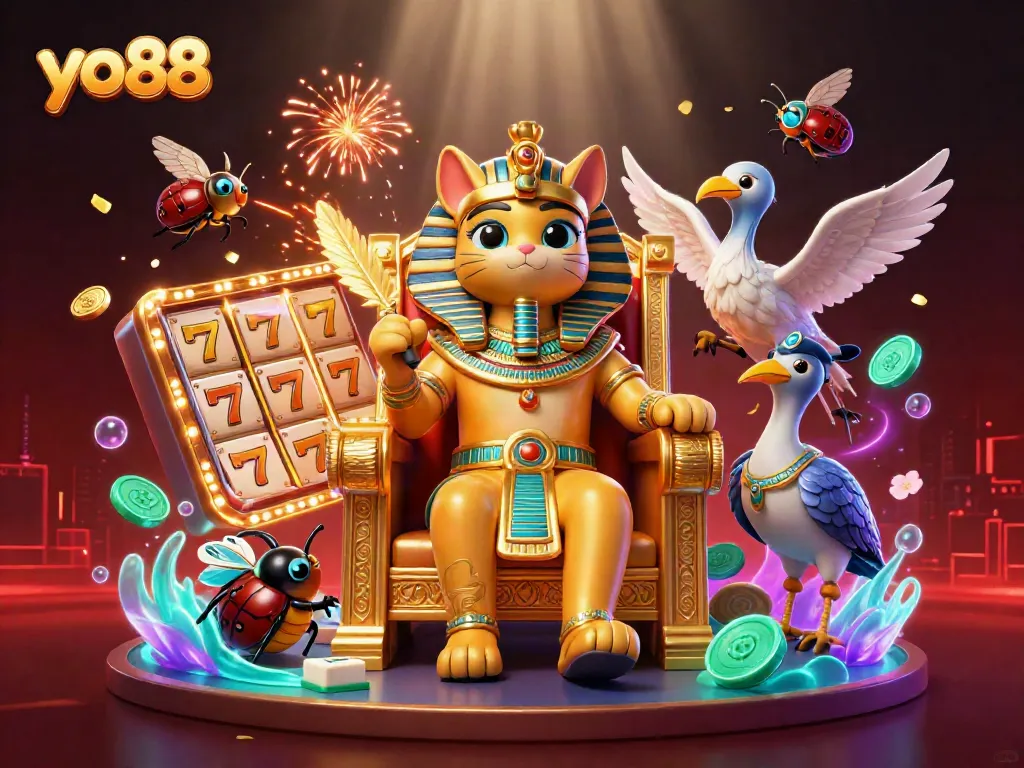 Win big with yo88 in a vibrant casino scene featuring an Egyptian pharaoh cat, slot reels, and lucky charms.