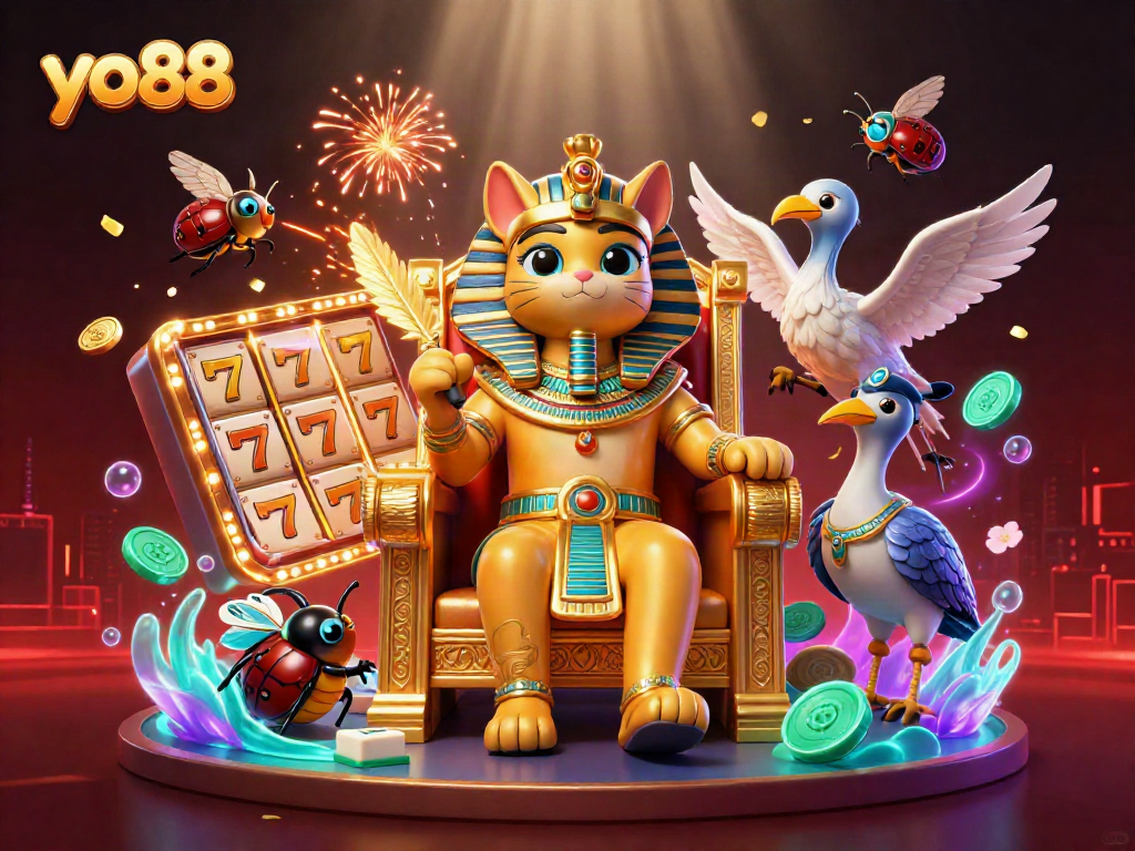 Win big with yo88 in a vibrant casino scene featuring an Egyptian pharaoh cat, slot reels, and lucky charms.