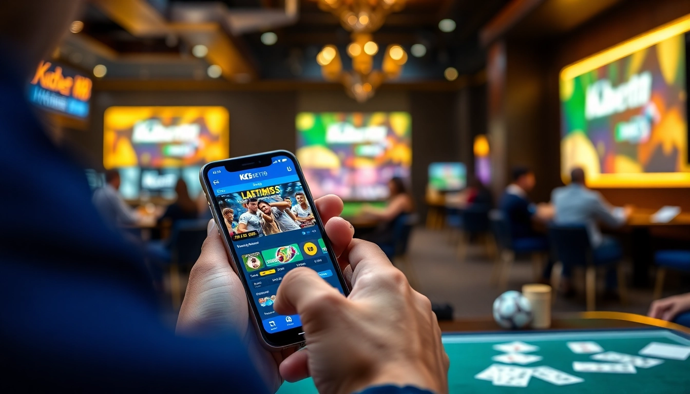 Tải App Kubet88: Trải Nghiệm Cá Cược Nhanh – Mượt – An Toàn with a close-up of a user's smartphone displaying the Kubet88 app interface.