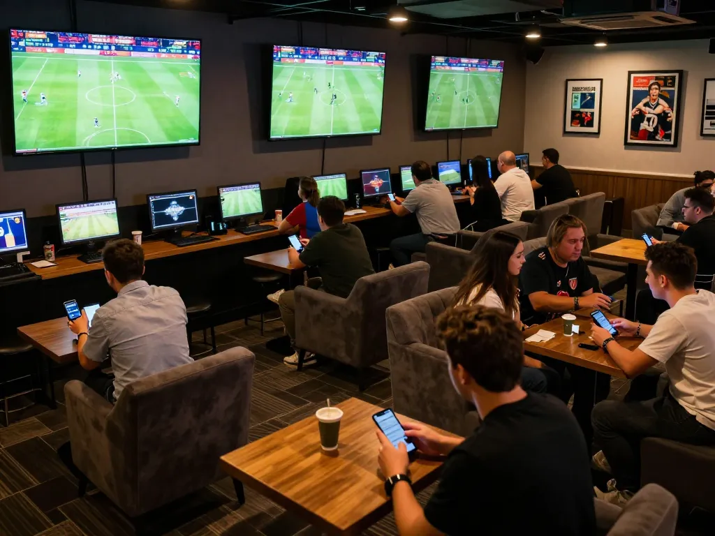 Xoilac users engaging in dynamic sports betting activity in a modern lounge with multiple screens.