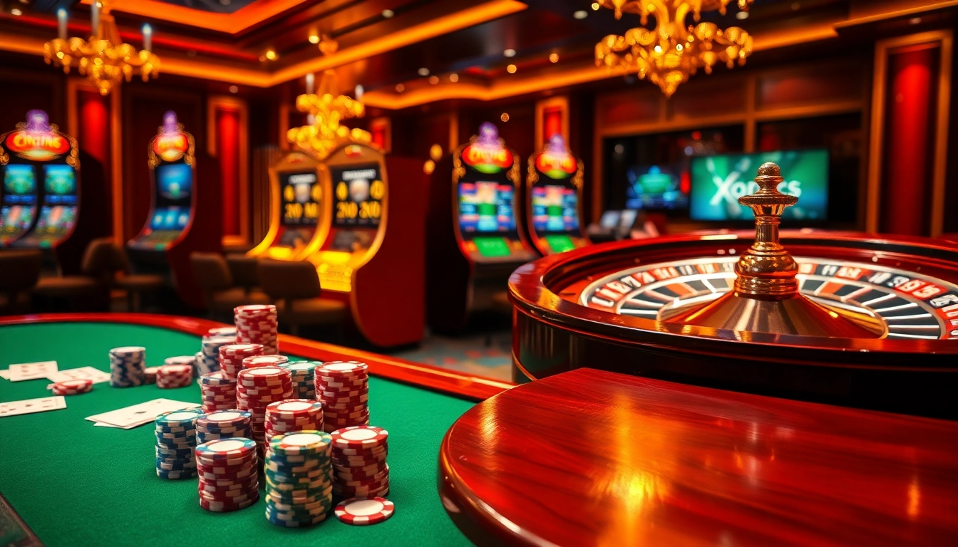 Xoilac offers an exciting casino atmosphere with vibrant tables, chips, and live betting screens.
