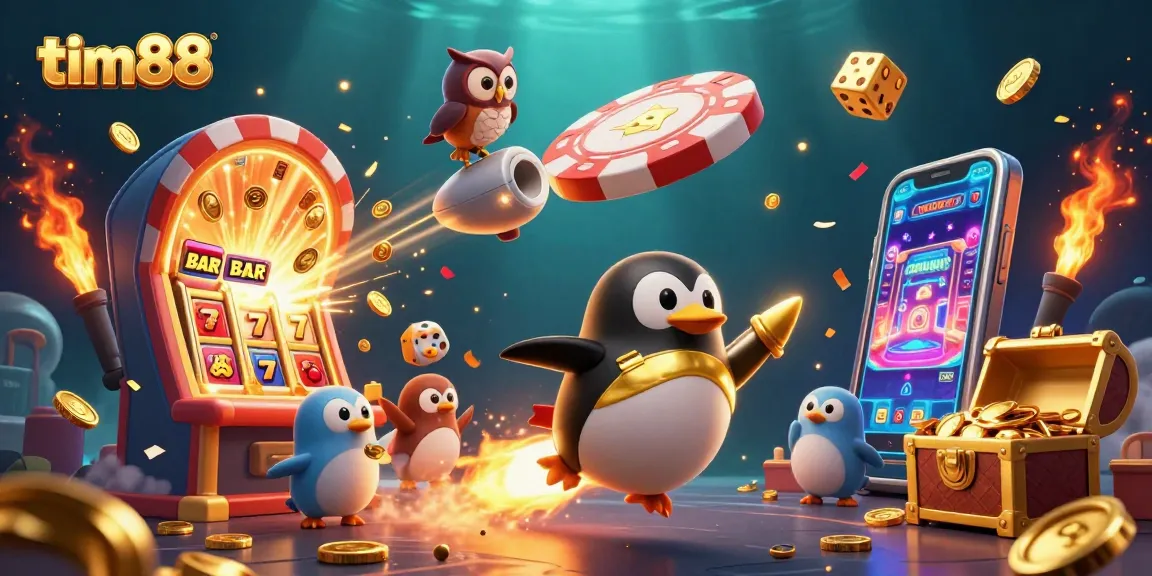Win exciting jackpots with tim88: Rocket-powered penguin flies to a casino paradise.