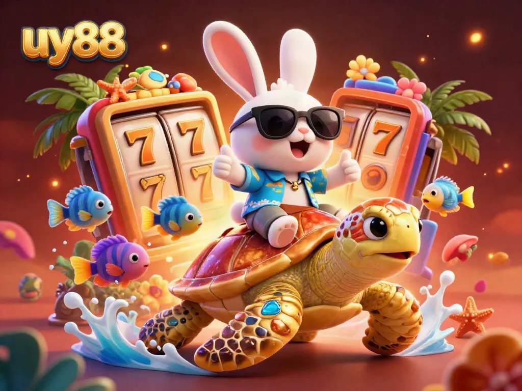 Experience excitement with uy88 as a lucky rabbit celebrates a jackpot while riding a golden sea turtle.